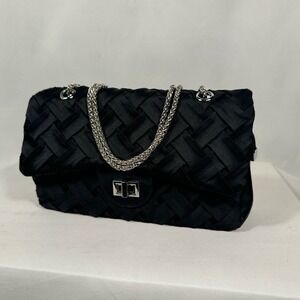 Beautiful two way black‎ satin cross weave  flap with magnetic close.